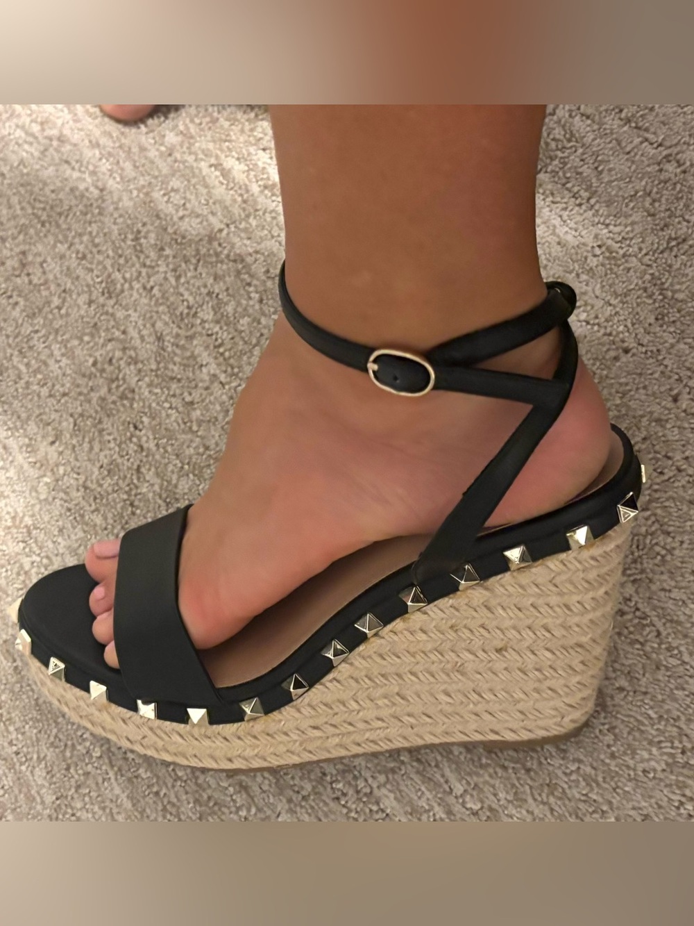 Steve Madden Black Ankle-Strap Studded Espadrille Wedge Sandals 7.5 EUC